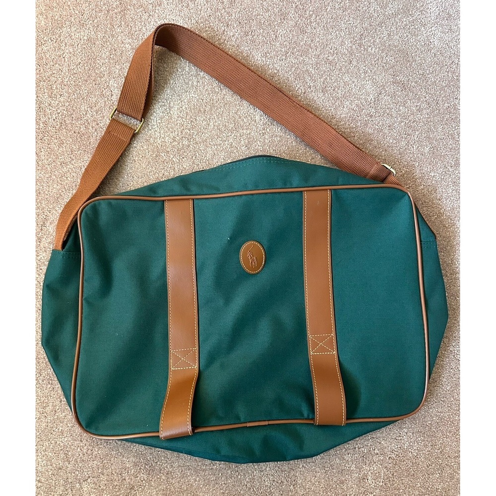 Vtg 90's Polo Ralph Lauren Green Canvas Brown Leather Briefcase Messenger Bag